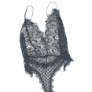 Black Lace Lingerie Bodysuit Sheer Eyelash Lace Teddy Adjustable Straps Size L